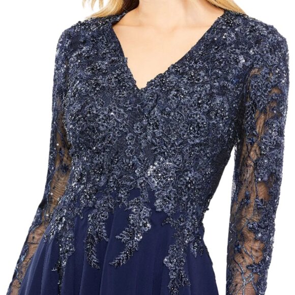 Mac Duggal 20388 Size 10 Navy Blue Embellished VNeck Long Sleeve Gown Maxi Dress - Picture 3 of 4